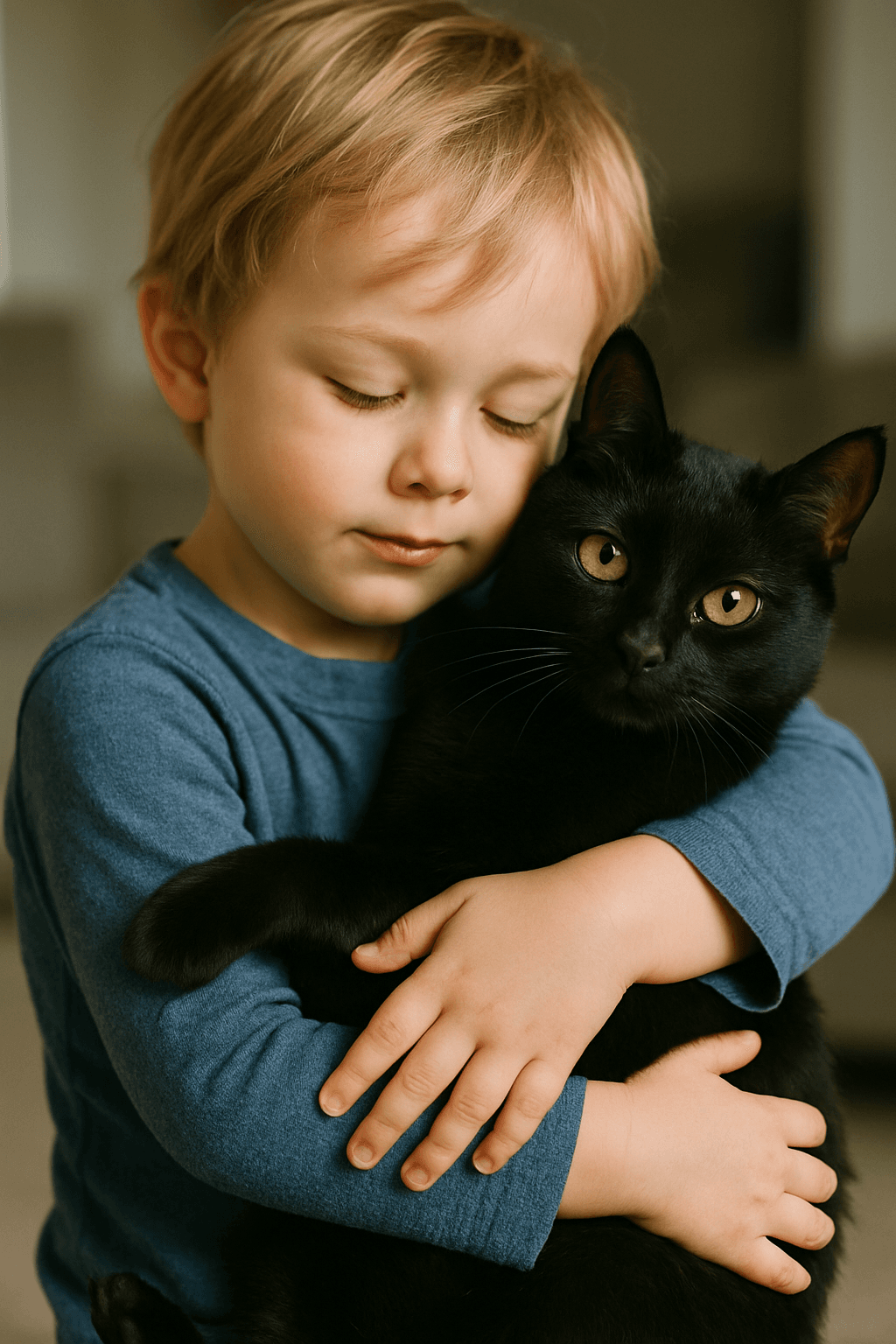 Chat noir dans les bras d'un enfant